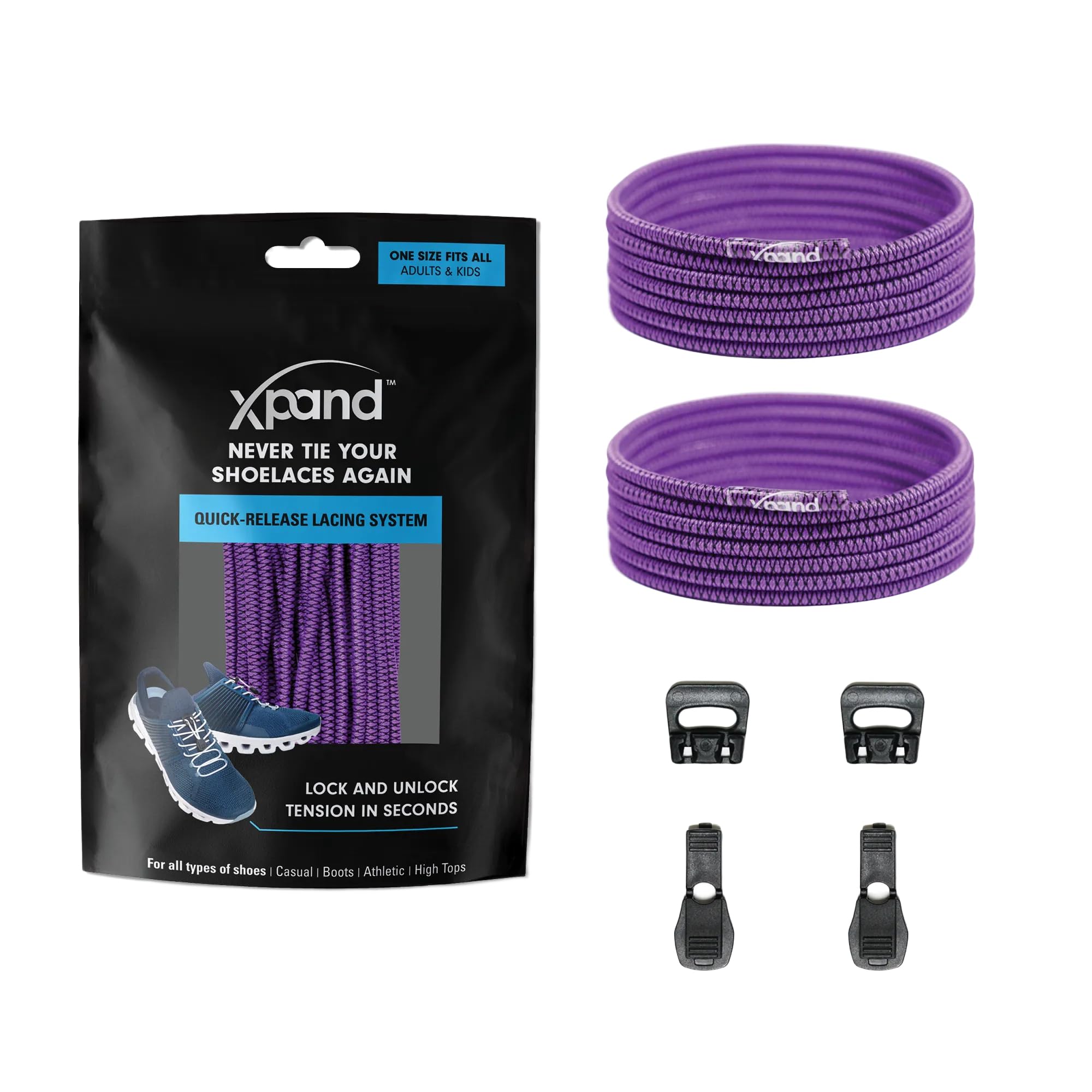 Xpand Elastic No Tie Round Shoelaces - Quick Release Tension Control - One Size Fits All Adult and Kids Shoes (Purple)