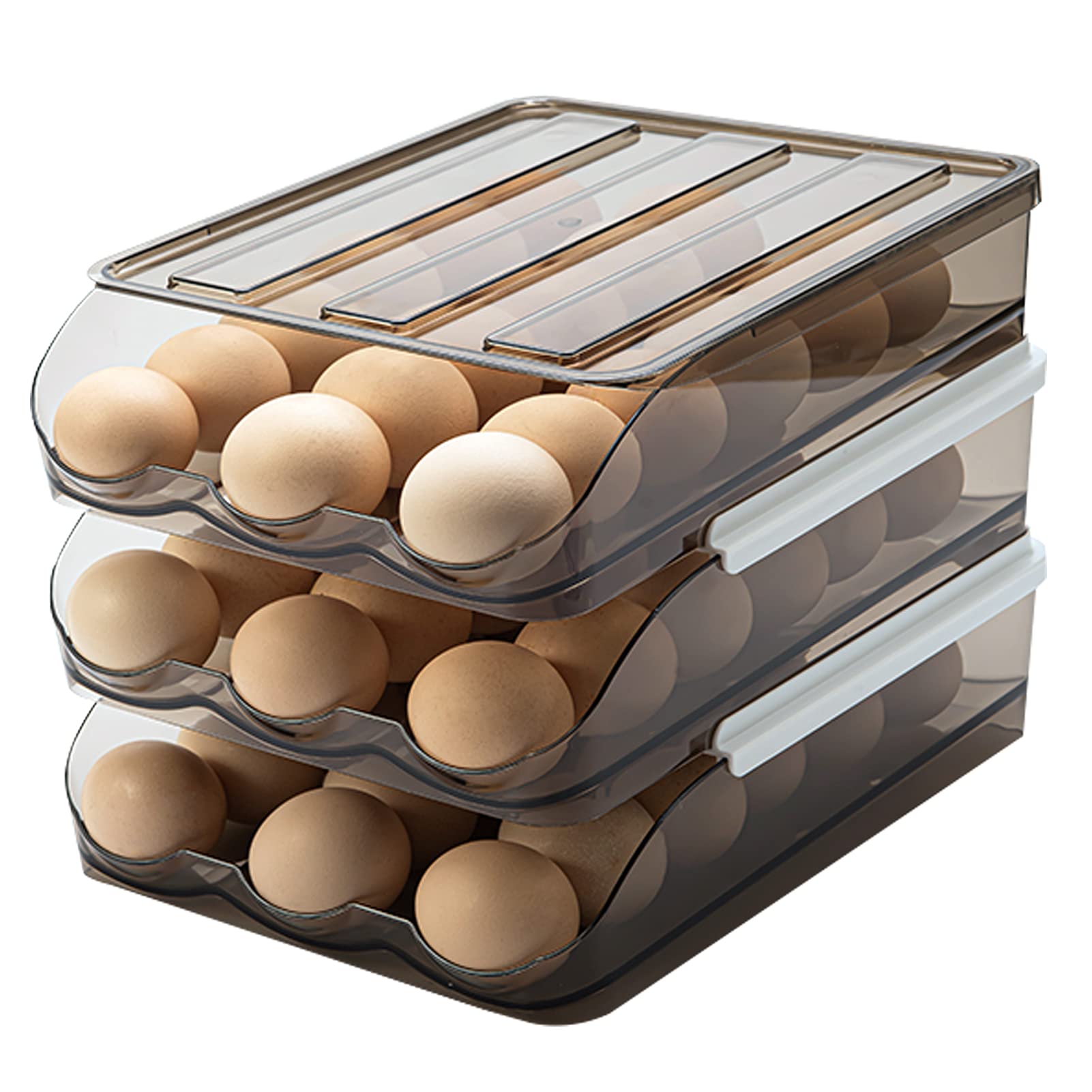 memeyou Auto Scrolling Deviled Egg Holder for Refrigerator Plastic Stackable Egg Storage Container Reusable Clear Egg Tray Box with Lid Egg Organizer Basket Bin Carrier Keeper(3 Layer)
