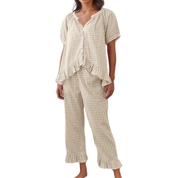 Pyjama 2 Pièces Femme Style Y2K - Haut En Mousseline à Carreaux + Short - Tenue Décontractée, Nuit Ou Plage - Confortable Et Léger - 9