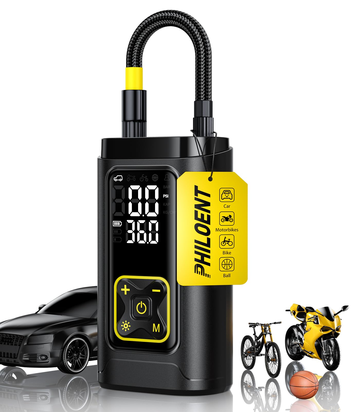 Philoent Tire Inflator Portable Air Compressor for Car Tires with Gauge, 150PSI Fast Bike Air Pump for Auto, Motorcycle, Bicycle, Balls, Digital Tire Pump with LED Light, Auto Shut-Off Image