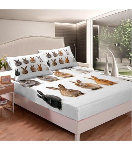 Feelyou Cute Rabbit Bedding Set - Twin Size Pink Bunny Cartoon Sheets, 100% Microfiber, Deep Pocket Fitted Sheet & Pillowcase