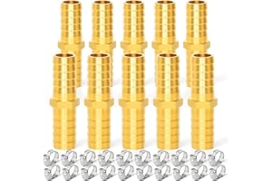 GASHER 10 Pieces Brass Hose Barb Reducer, 5/8 Inch to 5/8 Inch(15.8mm) Barb Hose ID with 20 Hose Clamp, Brass Barb Reducer SPLICER Fitting Fuel/AIR/Water/Oil/Gas/WOG