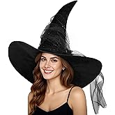 JEGERMIG Women's Witch Hat Velvet Witches Ruched Hats Masquerade Oversized Wide Brim Party Halloween Accessory