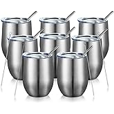 COMOOO 12oz Insulated Wine tumbler with Lid, Stainless Steel Stemless Wine Tumbler Glass,Double Wall Vacuum Wine Tumbler Cups with Straw Coffee, Cocktails,Beer,Champaign Silver, 8 Pack