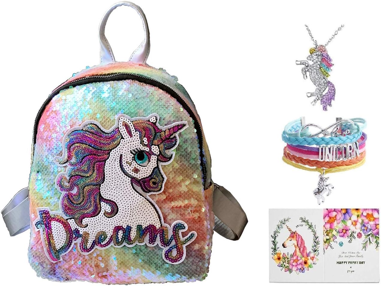 Pink Rainbow Unicorn Backpack, Mini Travel Backpack, Shiny Backpack for Girls, Super Cool Leather Daypack + Unicorn/Bracelet/Inspirational Necklace/Ring … (O - Unicorn Set 2)