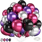 Pink and Purple Balloons,12 Inch Metallic Pink Purple Black and Silver Balloons with Ribbon,for Wedding Birthday Baby Shower Graduation Engagement Halloween Party Decorations