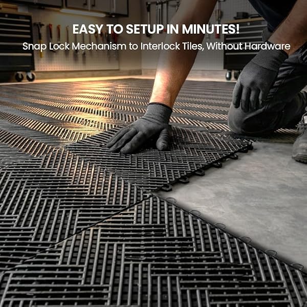 GARAGE FLOOR TILES INTERLOCKING GARAGE FLOORING TILES PACK OF 48 ANTISLIP OIL AND STAIN RESISTANT FOR GARAGES SHOP FLOORS BASEMENTS 40000 LBS LOAD CAPACITY (BLACK, 10 INCH X 10 INCH, NON DRAIN TILES)
