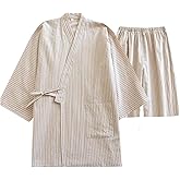 Classical Traditional Japanese Style Pajamas, Stylish Cotton Bathrobe Kimono Pajamas Casual Clothes for Men and Women, Beige Stripe