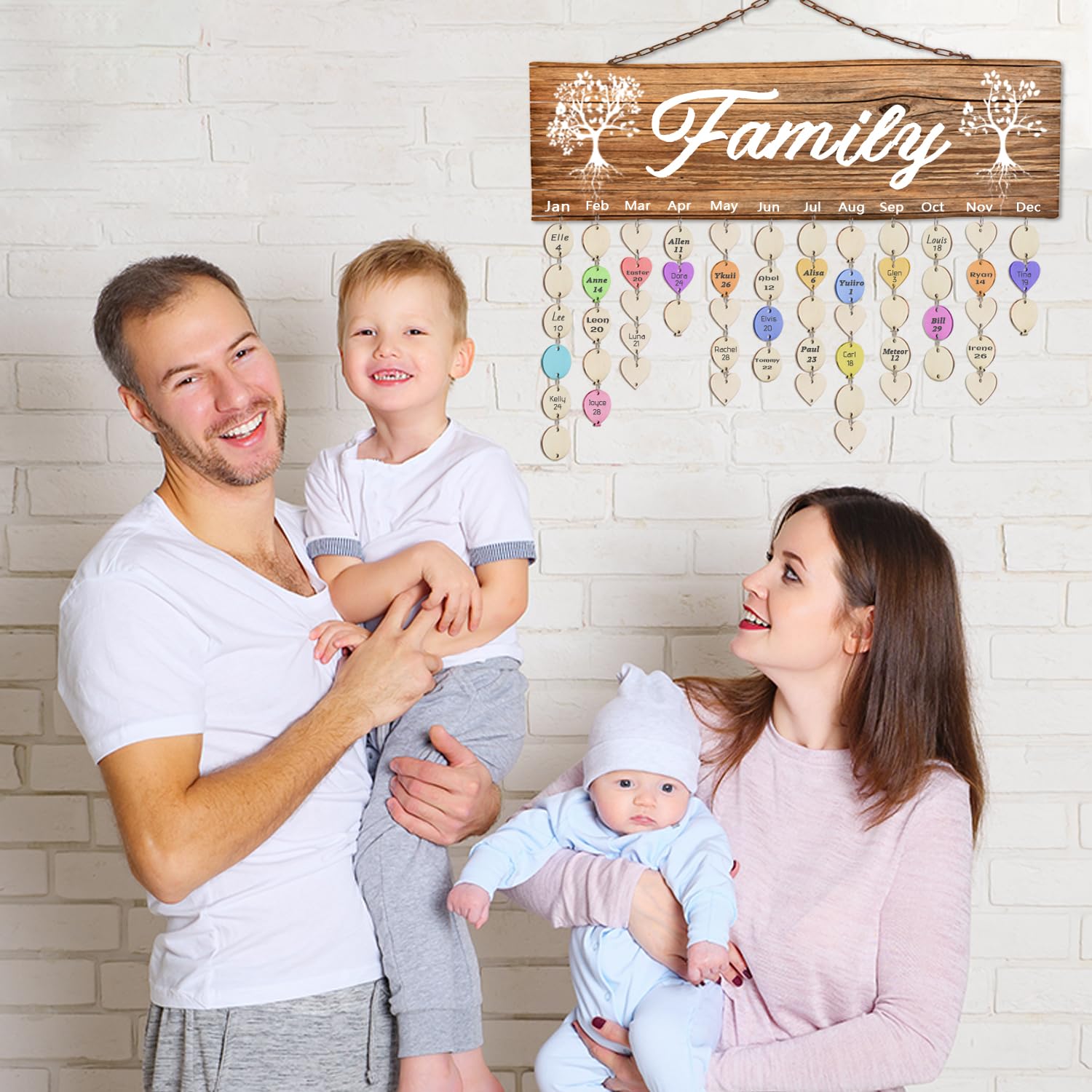 Family Birthday Plaque Tags Wooden Heart Circle Balloon Tags with Holes and Ring 210 Pieces in Total for Family Sign Birthday Calendar, Valentine, Chore Board Wood Crafts