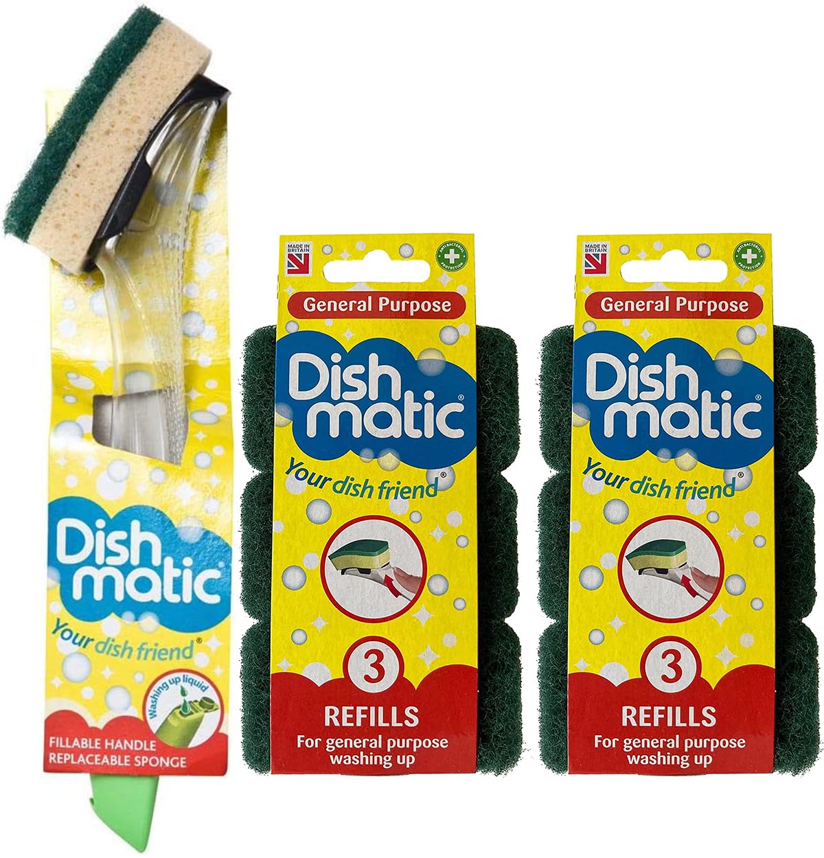 Fillable Washing up Brush and Sponge - Easy Grip Dish Cleaner - with 6X General Purpose Sponge Refills