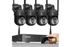 Wireless Security Camera System, 4pcs 3MP PTZ Cameras Outdoor Indoor, CKK WiFi Surveillance NVR System with Floodlights & Siren Alarm, 2 Way Audio, 24/7 Record, Expandable 10CH, No HDD