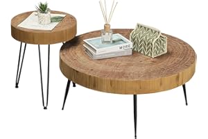 RUSTOWN Farmhouse Round Coffee Table Set of 2, Cocktail Table Set, Modern Circle Natural Wood Finsh Side and End Table Sets for Living Room(Planar, Natural)