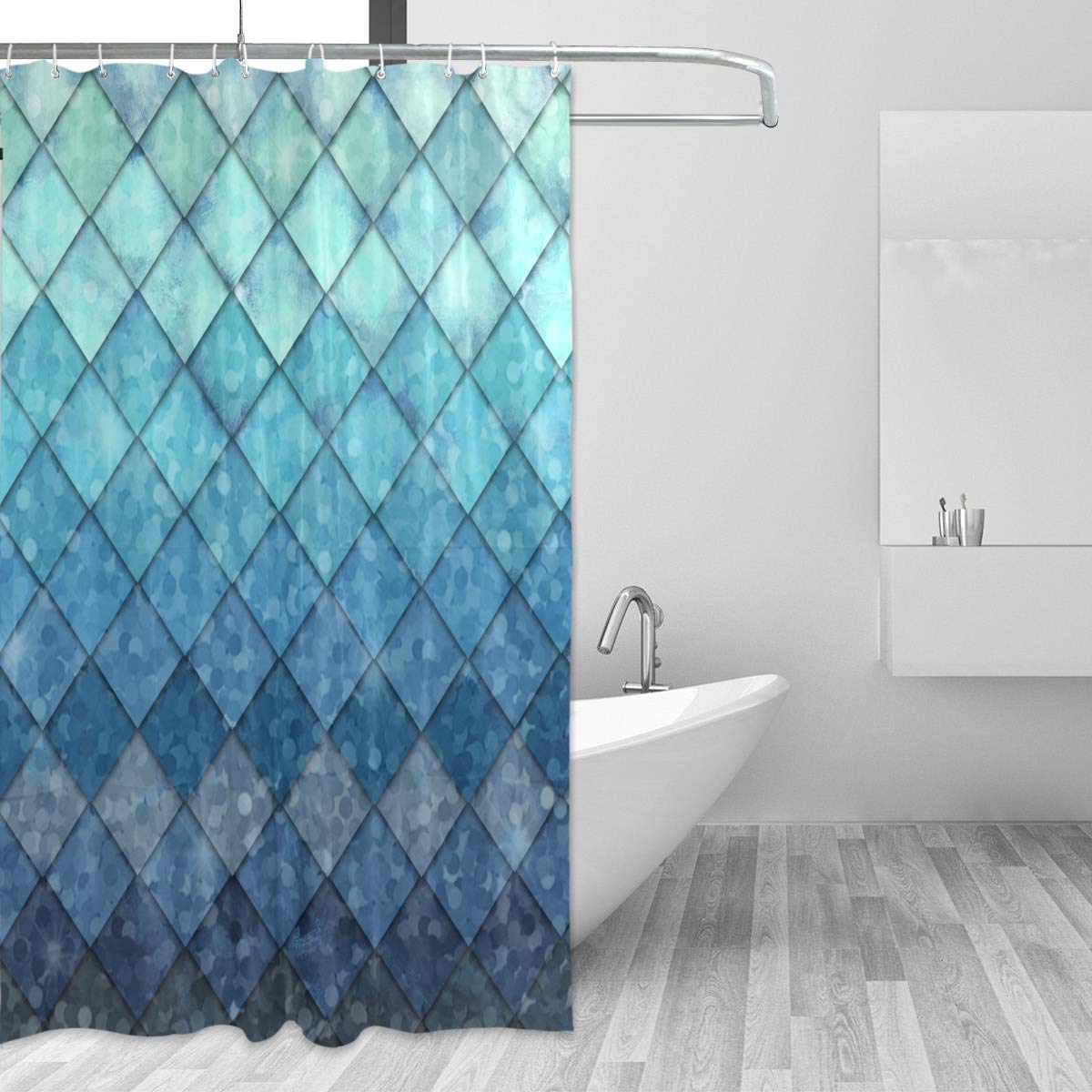 Mermaid Shower Curtains Ocean Blue Teal Fish Scales Geometric Rhombus Bathroom Curtains Proof Resistant Fabric Weighted Bath Curtain Washable Tub Shower Curtain for Holiday 12 Hooks 183x183 cm