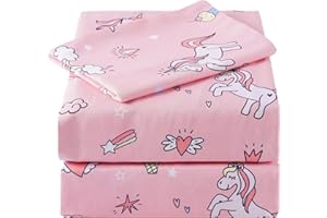 Bunnikins & Clover Pink Unicorn Kids Twin Bed Sheet Set, 3 Piece Breathable Soft Bedding, Deep Pocket Cozy Toddler Sheet Set 