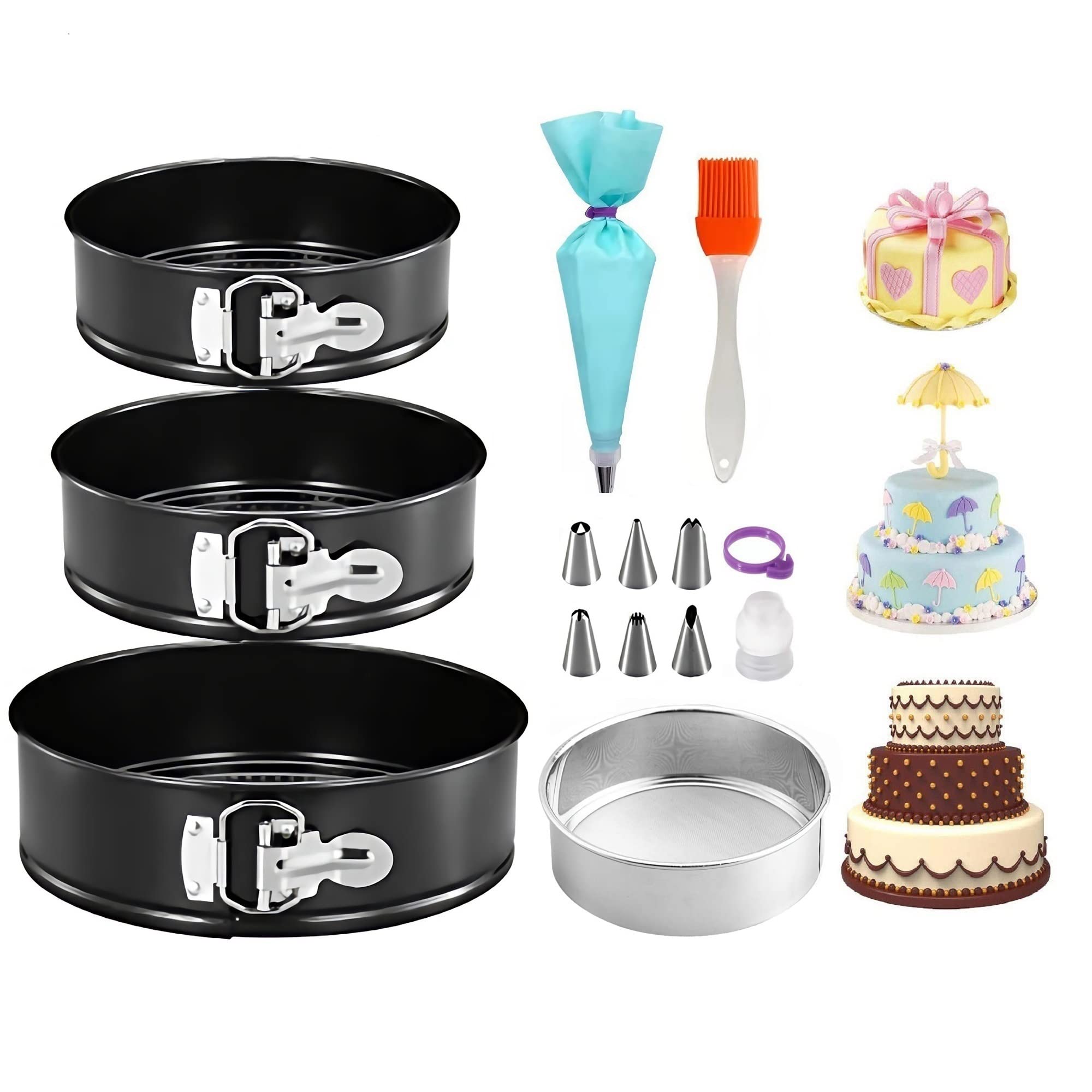 Cake Tins Set Non-Stick 7/8/9 Inch Springform Baking Trays with Flour Sieve, Piping Bags and Nozzles Set, Oil Brush, Cheesecake Pan with Removable Bottom