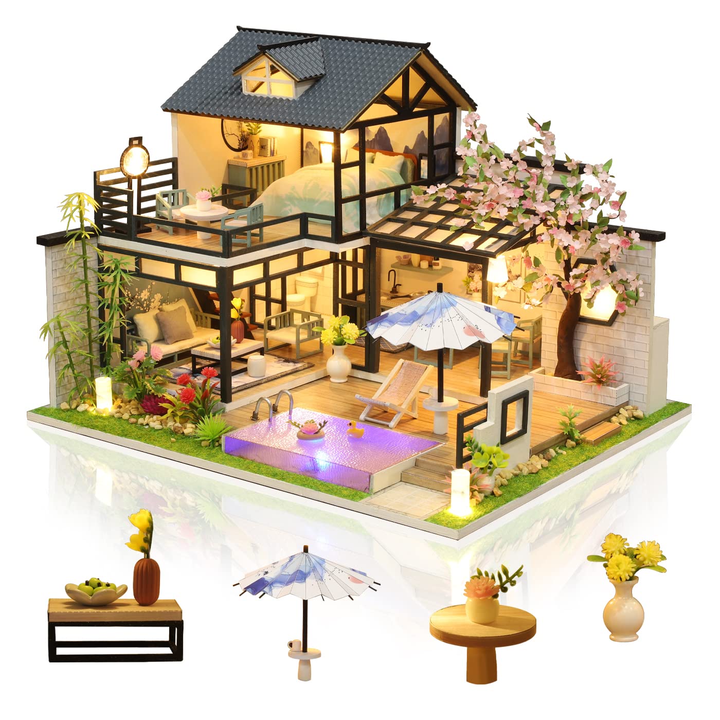 GuDoQi DIY Miniature Dollhouse Kit, Tiny House kit with Music, Miniature House Kit 1:24 Scale, Great Handmade Crafts Gift for Birthday Easter Day, Vintage Courtyard
