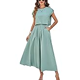 HangNiFang Summer Skirt Sets Women 2 Piece Outfits Cap Sleeve Top Elastic Waist Maxi Dress Sets with Pockets