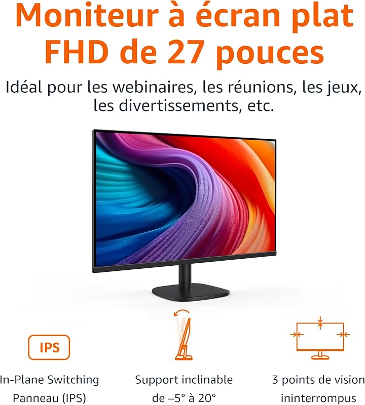 Écran 27", FHD 1080p, Max 100 Hz, Compatible VESA, Haut-parleurs intégrés, Noir