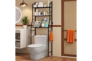 MilleLoom 3 Tiers Over The Toilet Shelf, Metal Floor-Standing Toilet Shelf with Removable Towel Hooks&Paper Holder, for Bathr
