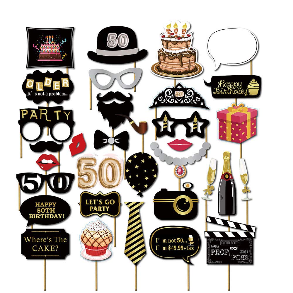 SWHATYW 32PCS 50th Fifty Year Old Happy Birthday Party Supplies Favor Photo Booth Props