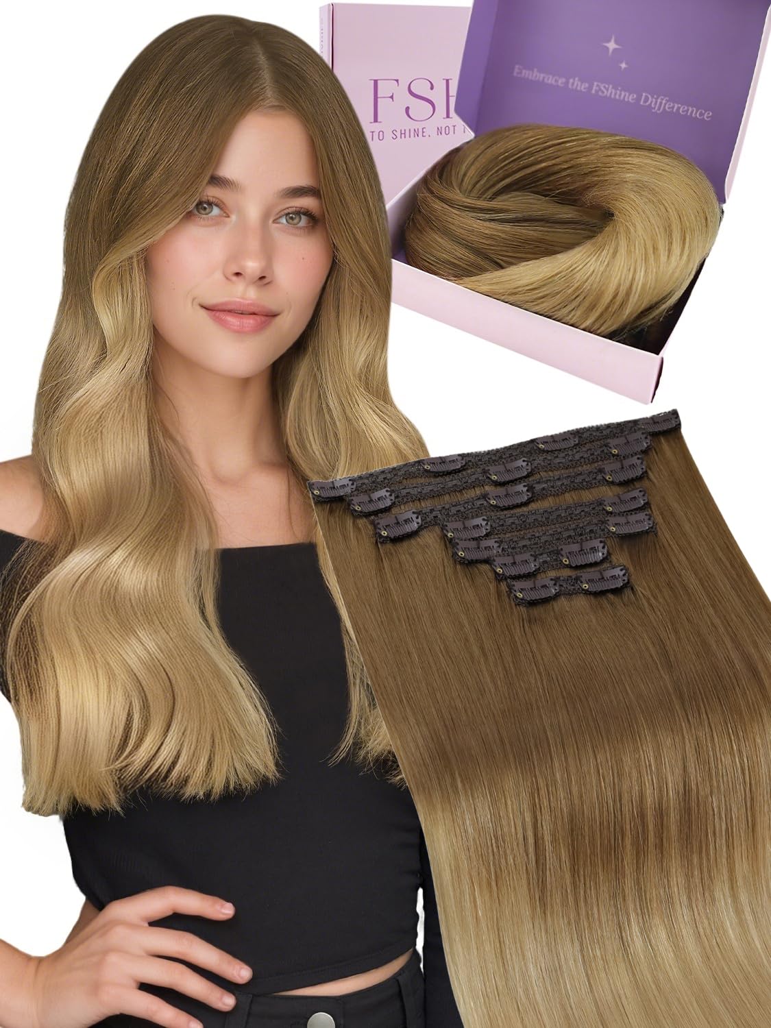 Fshine Clip in Hair Extension Human Hair 18 Inch Hair Clip In Extensions Balayage Chocolate Brown to Dirty Blonde Remy Clip in Extensions Silky Straight Natural 120g 7Pcs — image 1