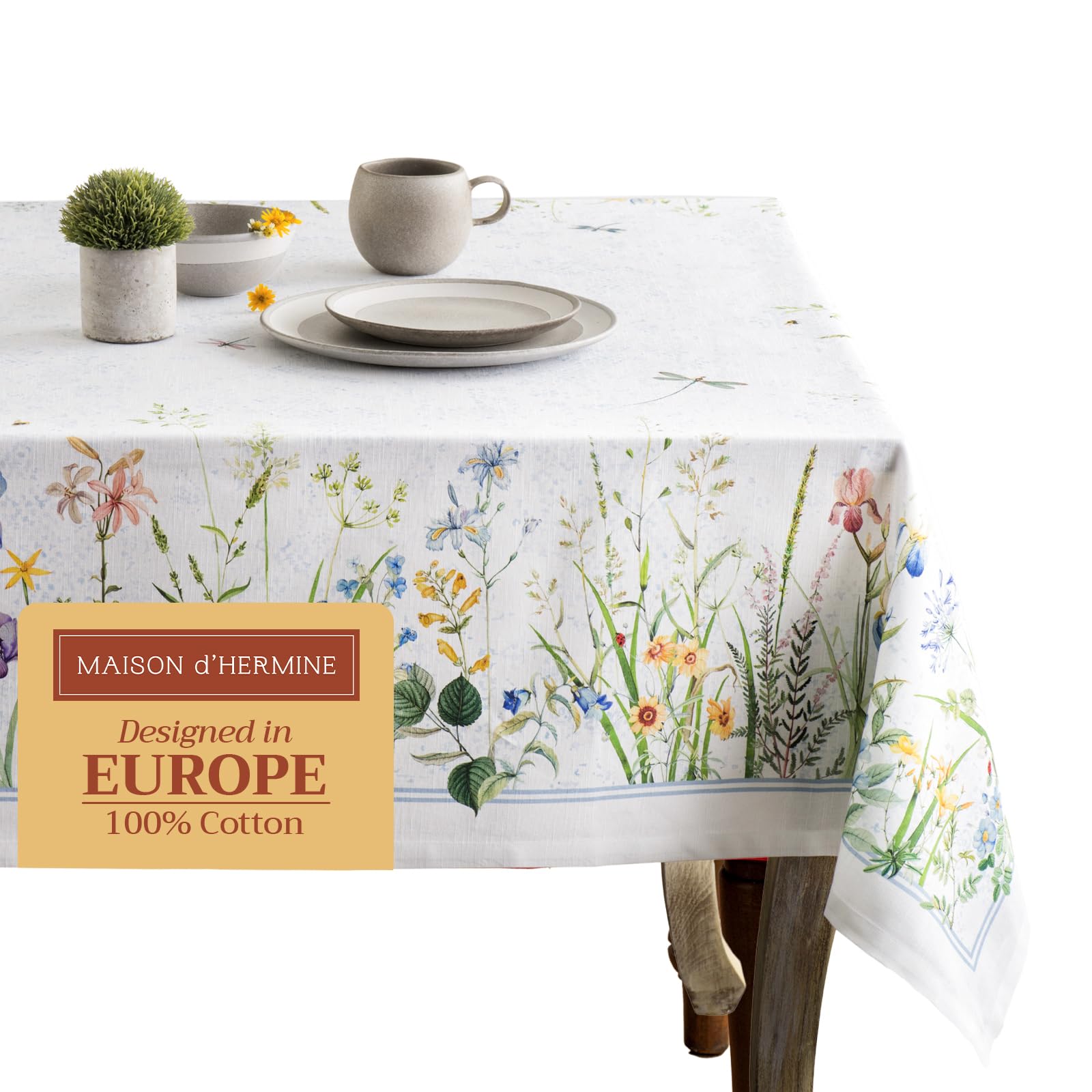 Maison d' Hermine Table Cloth Rectangle Table 100% Cotton 230 cm x 140 cm Tablecloth Reusable Everyday Use for Dining Farmhouse Home Party Festive Easter Decorations (Fleurs De Mai)