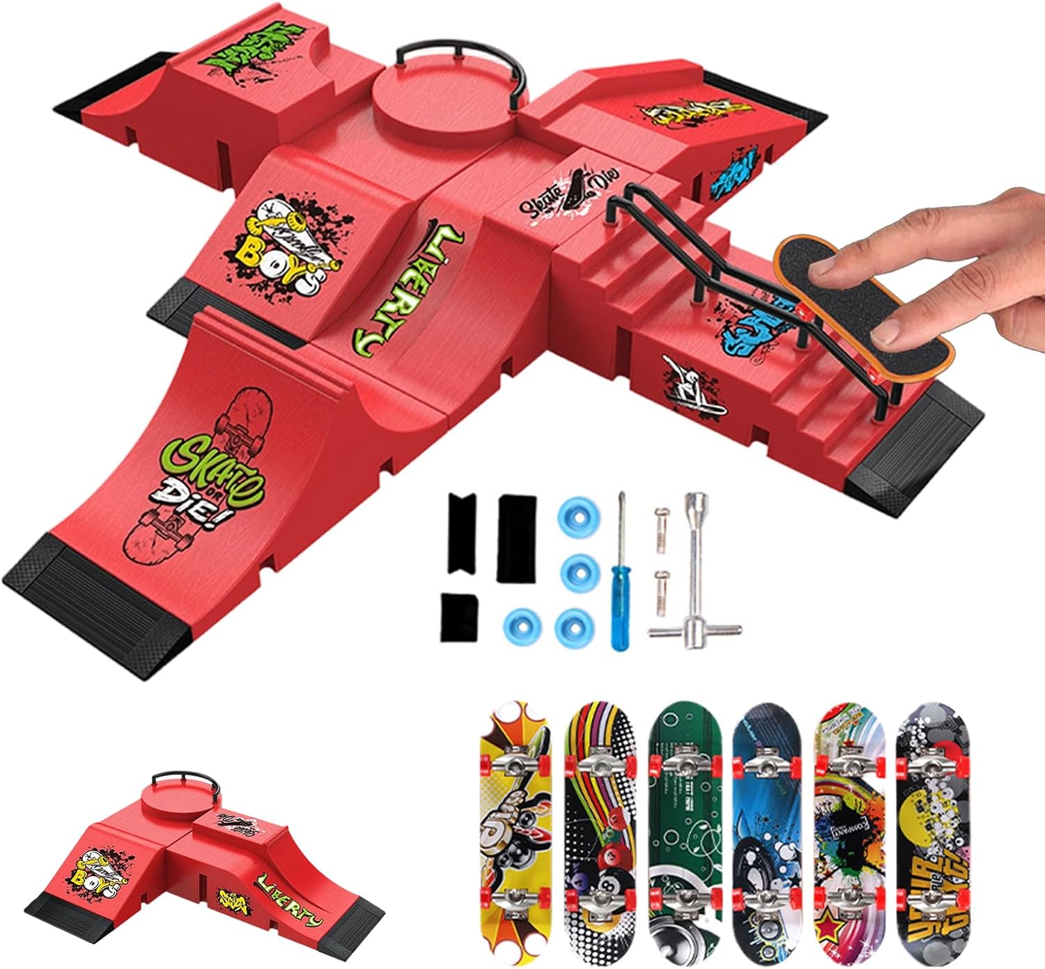 Finger Skateboard Ramp, Fingerboard Ramp for Kid, 6 Ramps 6 Fingerboard Skate Park Set, Fun Indoor Activity Portable Toy Training Set, for Birthday Party Indoor School Travel EducationalGift