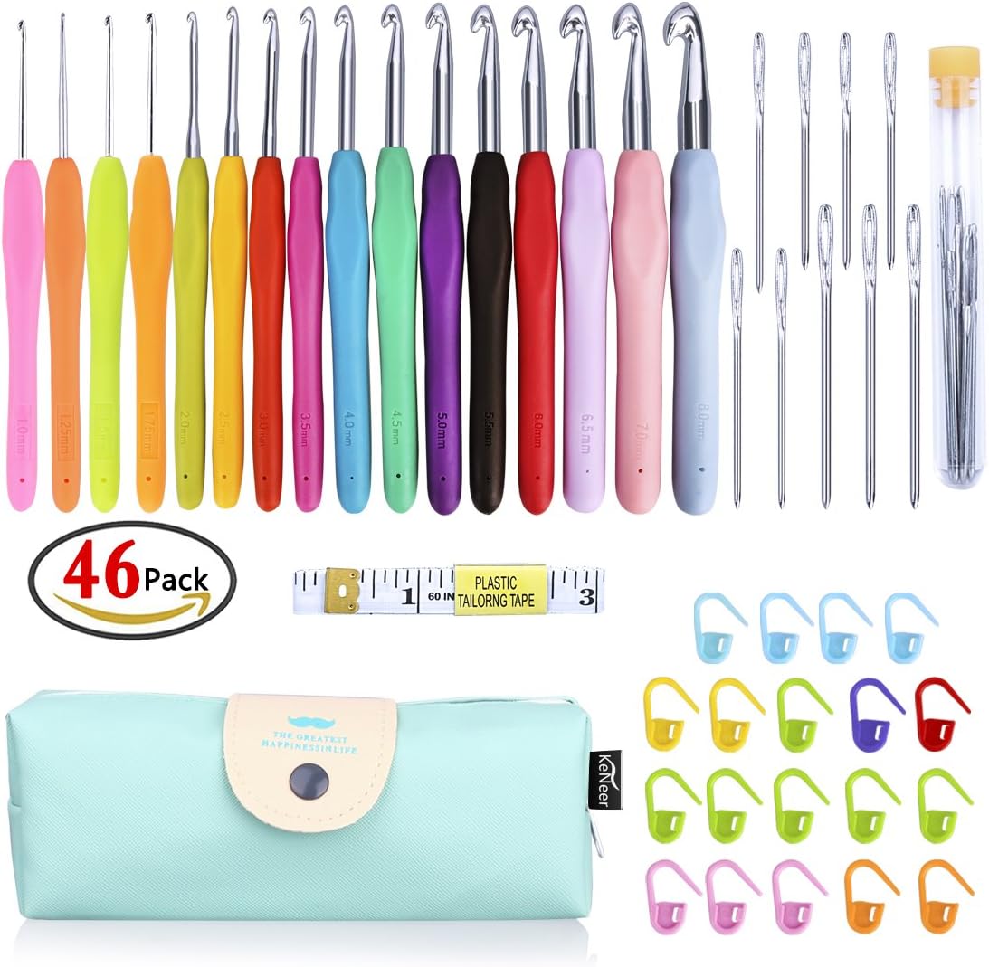 KeNeer 35Pack Crochet Hooks Knitting Needles Set Ergonomic Soft Handles - Aluminum Blunt Needles - 2.0mm-8.0mm - Best Gifts for Mom (41Pack)