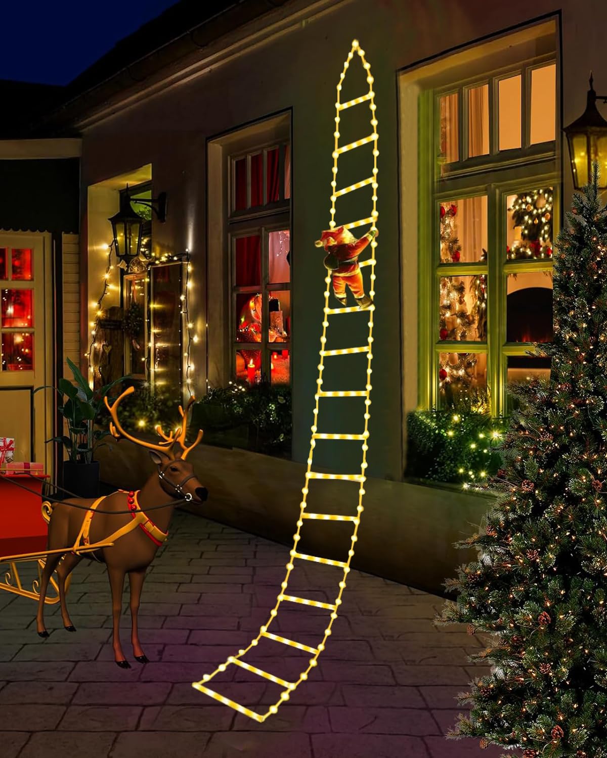 10ft LED Christmas Lights, Christmas Decorations Ladder Light with Santa Claus Indoor Outdoor, Window Lights, Garden Xmas Tree Light,8 Lighting Modes,USB Control-Warm White Triangle