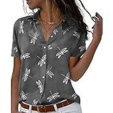 lomaiiest Women Floral Button Down Shirts Casual Short Sleeve Button up V Neck Tunic Shirts Tops Ladies Tops Grey