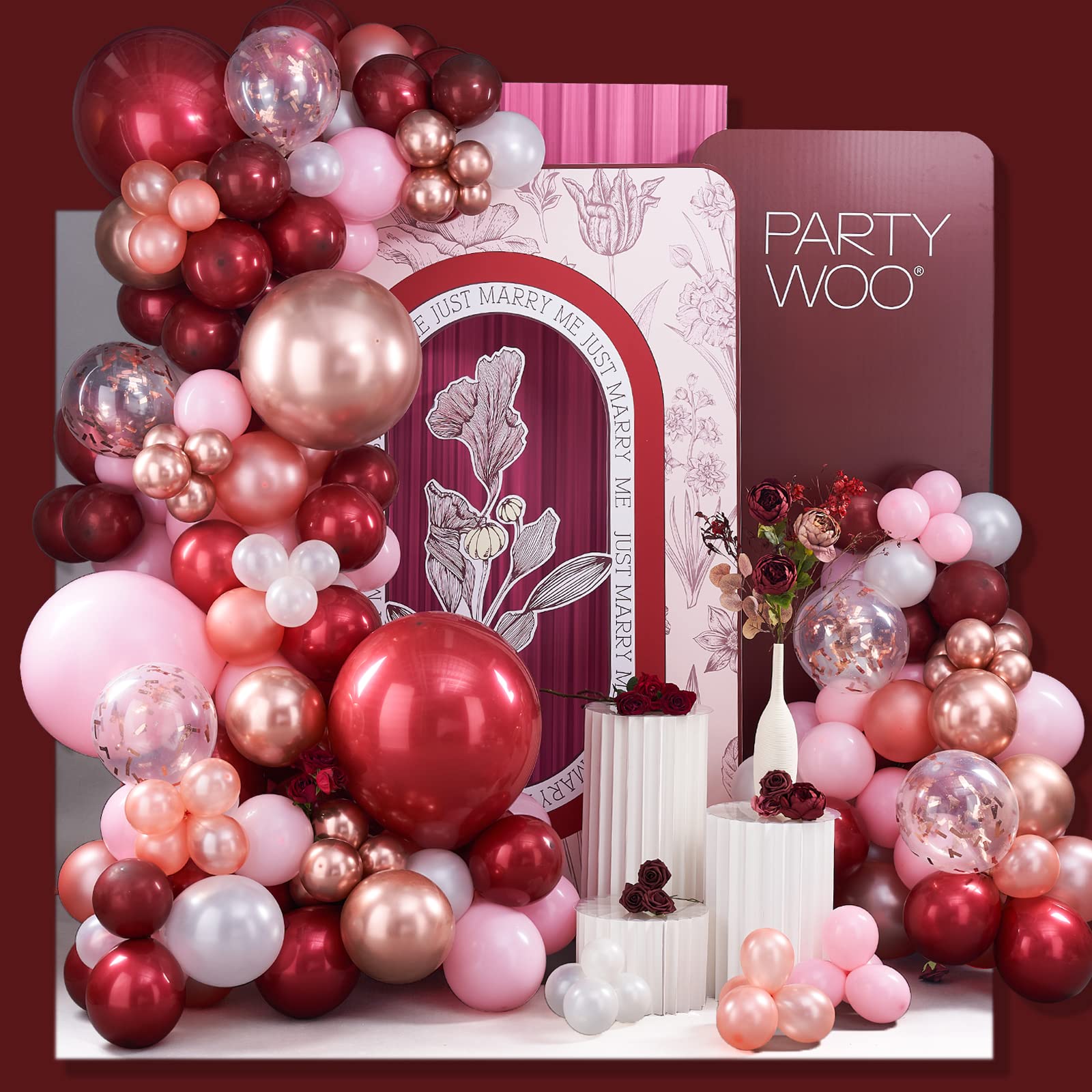 PartyWoo 140 pcs Burgundy Red and Pink Balloon Garland, Double-stuffed Burgundy Balloons, Metallic Rose Gold Wine Red Light Pink Balloon Arch Kit for Birthday Decorations, Baby Shower, Wedding