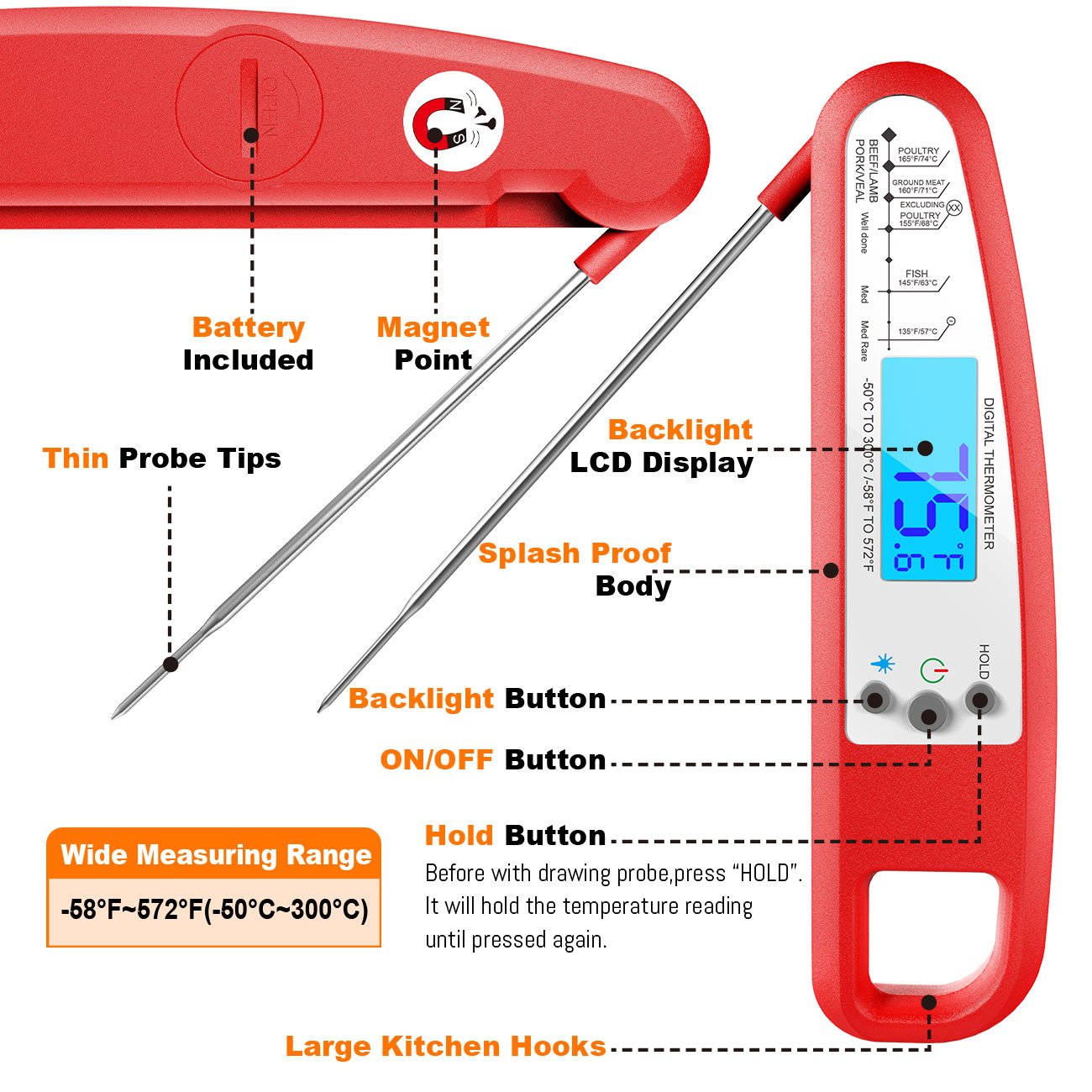 Digital Meat Thermometer, eSamcore Instant Read Cooking Thermometer Fast Accurate Food Thermometer w/ Bright LCD Display for Kitchen BBQ Grill Smoker [Chipotle]