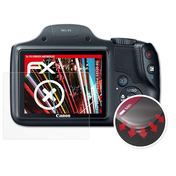 atFoliX Schutzfolie passend für Canon PowerShot SX530 HS Folie, entspiegelnde und Flexible FX Displayschutzfolie (3X)