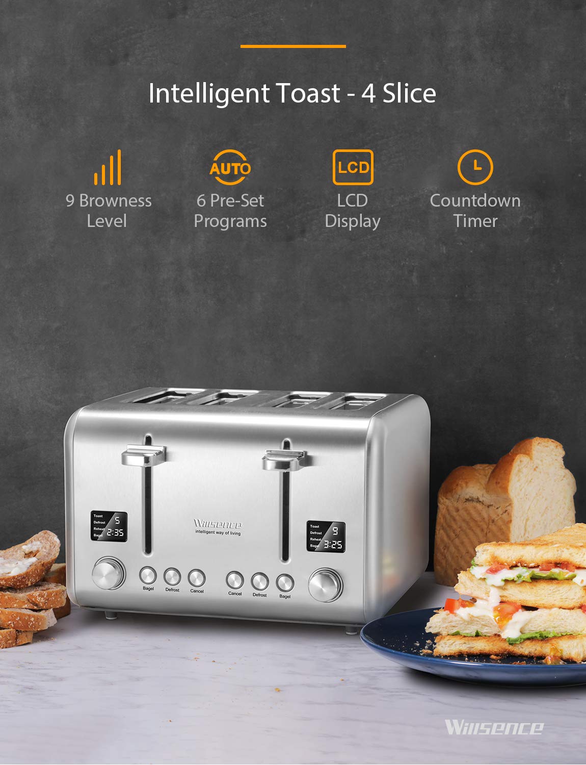 Removable Crumb Tray, Toaster 2 Slice, Willsence Stainless Steel Bagel