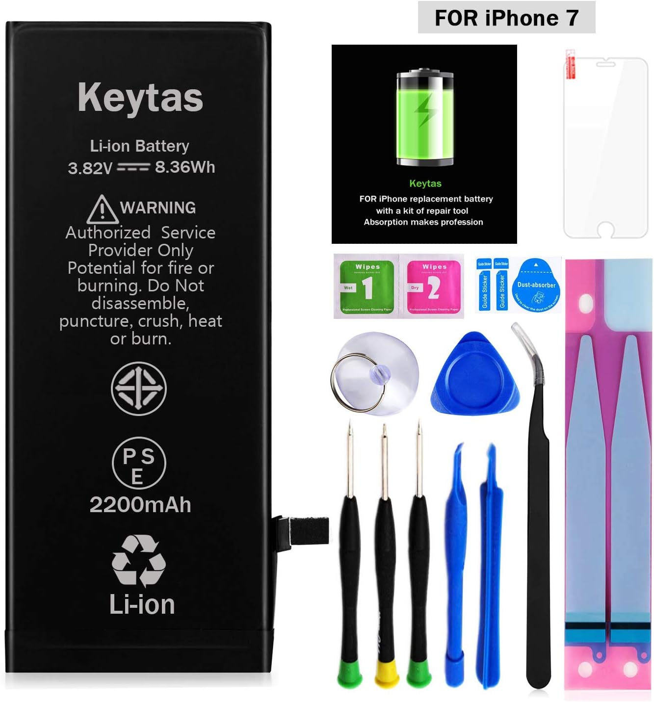 Keytas 2200mAh Replacement Battery Compatible with iPhone 7, for iPhone 7 High Capacity Replacement Battery with Complete Tools Kit and Screen Protector