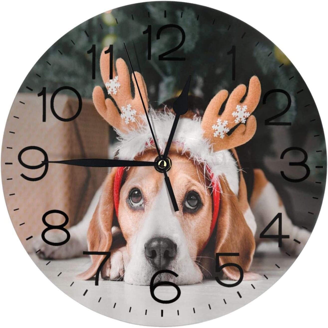 Christmas Cute Dog Wall Clock 10" Round, Battery Operated Wall Clock Non Ticking Silent Clocks