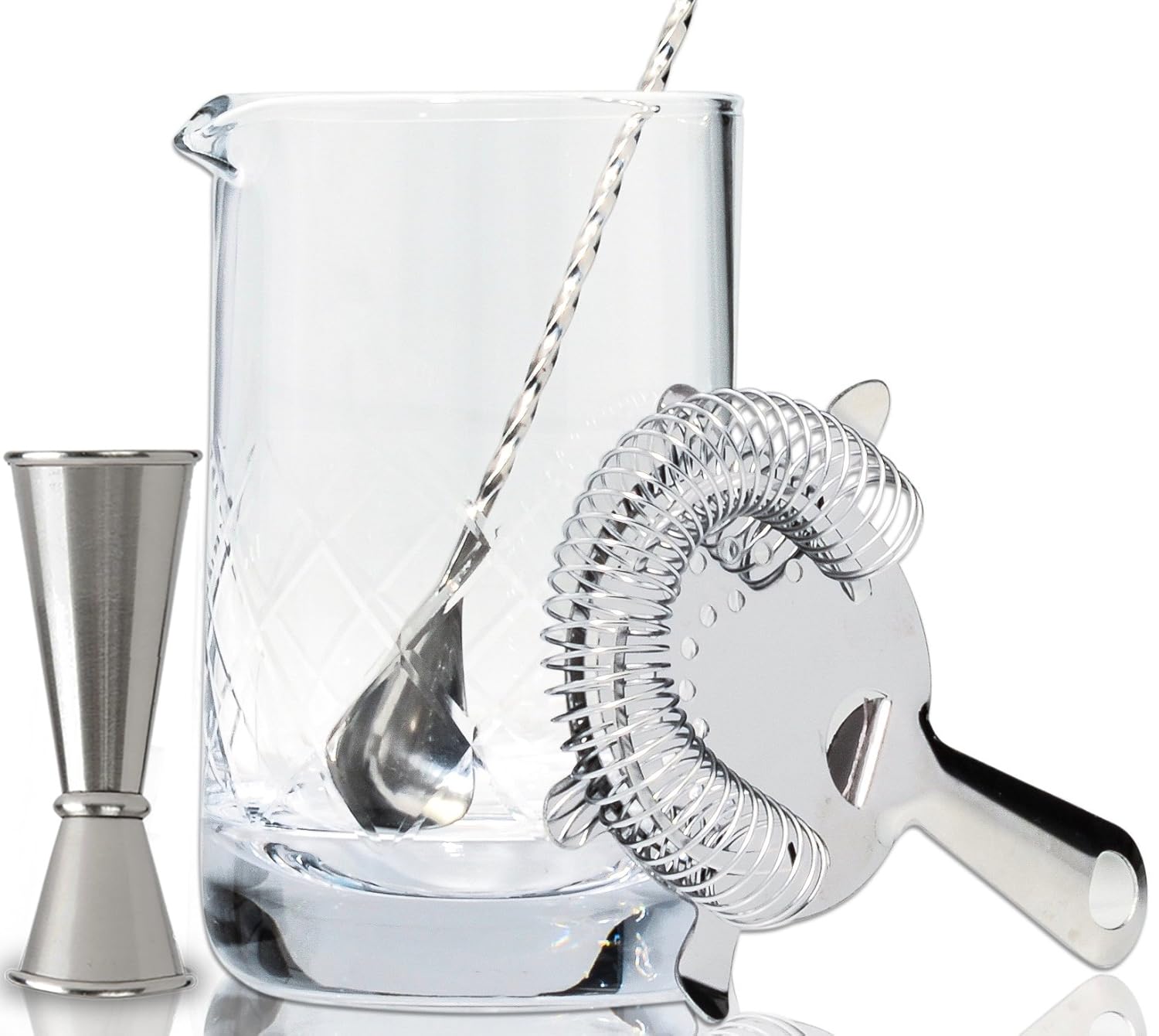 Crystal Cocktail Mixing Glass Set - Includes Mixing Spoon, Strainer, Jigger and 18oz 550ml Cocktail Glass - Sturdy, Thick Base - Perfect for Amateurs & Pros - Great Gift