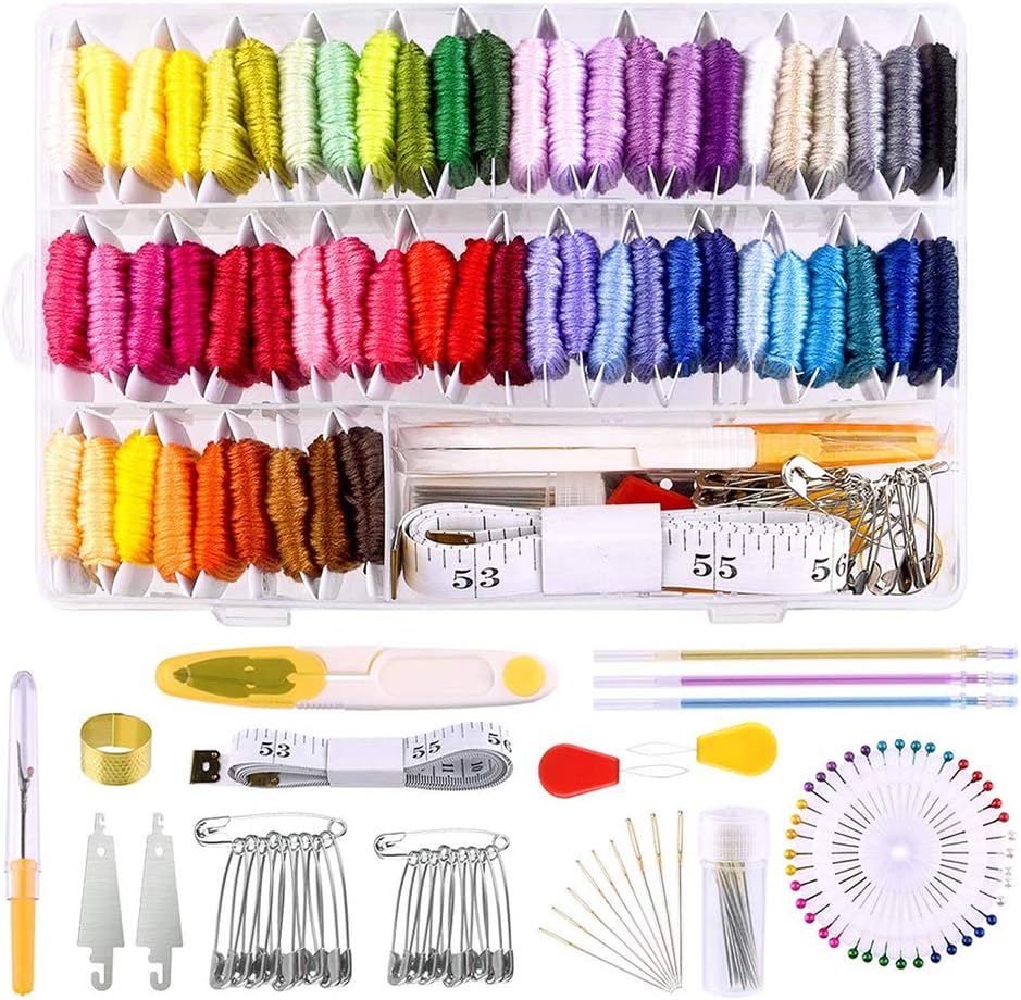 158 Pcs Embroidery Starter Kit Cross Stitch Starter Kit, Embroidery Kit for Beginners with 57 Colours Embroidery Thread Sewing Pins Soluble Ink Cross-Stitch Fabric for Adults and Kids