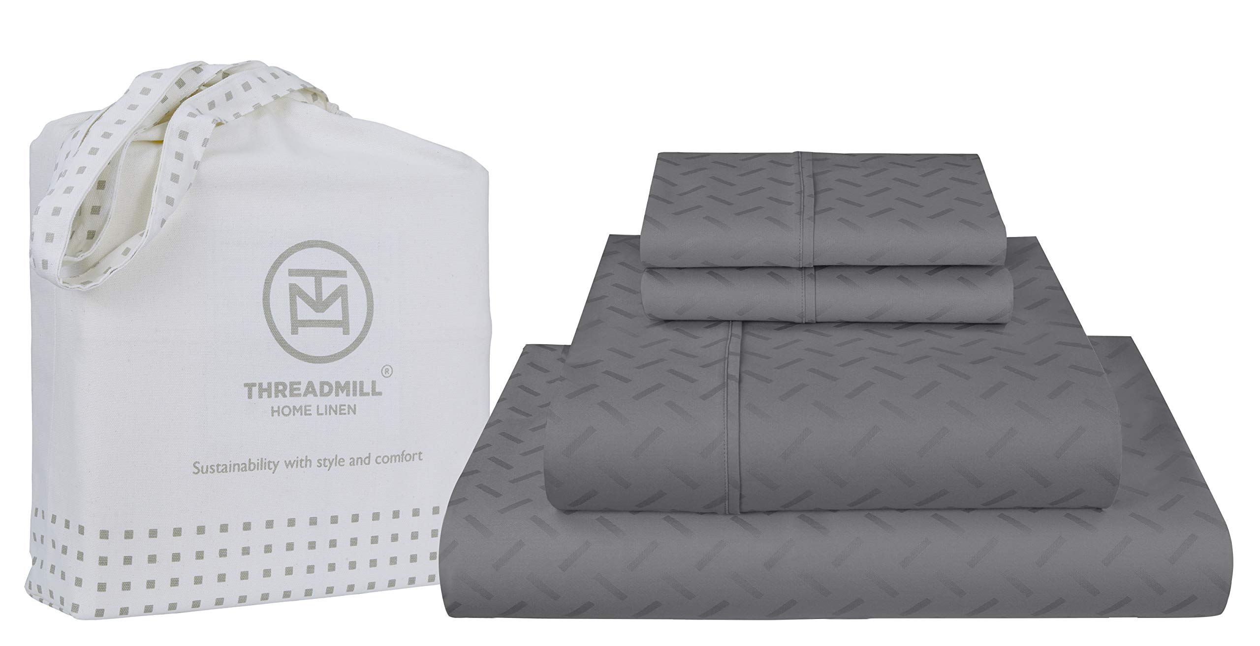 Threadmill Cotton Queen Sheet Set | 100% Cotton Sheets for Queen Size Bed | Damask Jacquard Queen Bed Sheets Set with 16” Deep Pocket | Soft Sateen Weave 4-Piece Cooling Bedding Set | Dark Grey