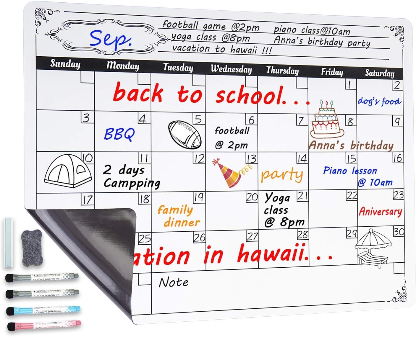Magnetic Dry Erase Calendar for Fridge: with Stain Resistant Technology - 4 Fine Tip Markers and Large Eraser with Magnets- Monthly Whiteboard Wall Organizer: Refrigerator White Board