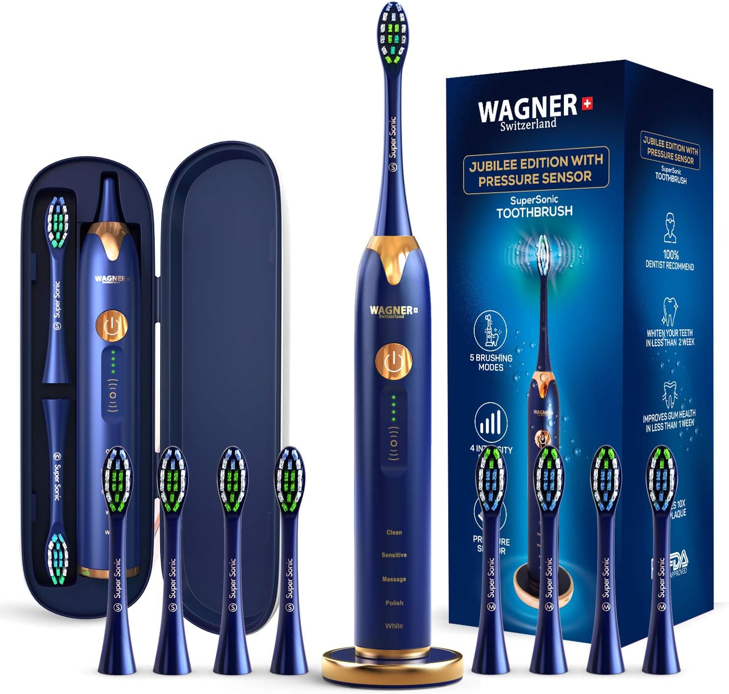 WAGNER Switzerland Jubilee Edition Supersonic Toothbrush with Pressure Sensor. 5 Brushing Modes and 4 Intensity Levels with 3D Sliding Control, 8 Dupont Bristles, Premium Travel Case, USB Wireless