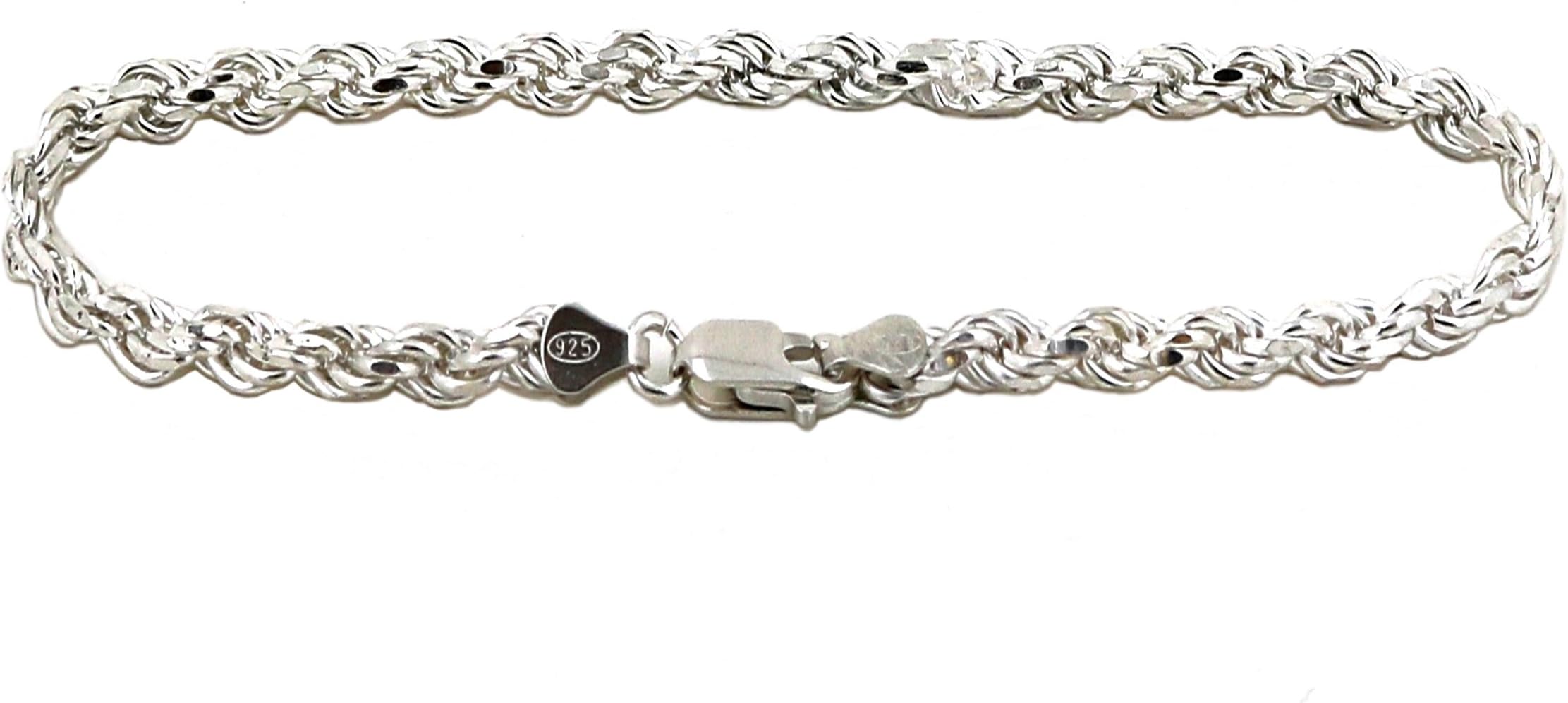GDIOnlineSolid 925 Sterling Silver Diamond Cut Rope Bracelet/Anklet for Men and Women 2.0mm to 6.0mm, 7" to 10"