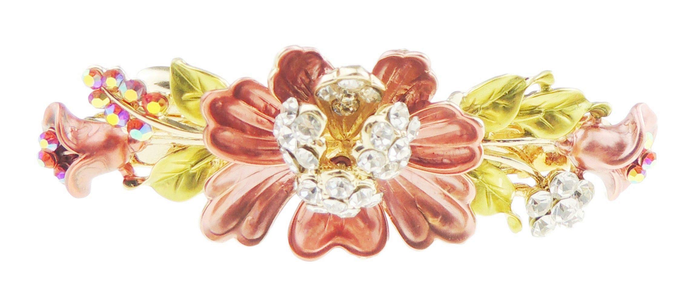 Womens Girls Crystal Rhinestone Diamante Wedding Birthday Party Evening Ponytail Fine Medium Hair Accessories Occasion Barrette Hairpin Grip 7cm French Spring Clip Floral Flower Enamel Pink