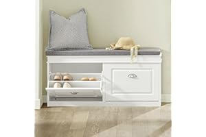 Haotian Shoe Storage Bench Entryway, Shoe Cabinet Bench with 2 Flip Drawers & Cushion, Modern Design Shoe Organizer for Hallway, White FSR64-W