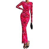 PRETTYGARDEN Wedding Guest Dresses for Women Spring Long Sleeve Ruched Bodycon Floral Mesh Cocktail Party Fall Maxi Dress