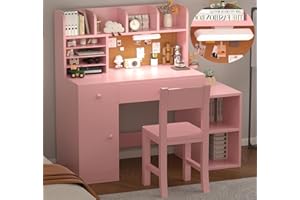 NKUGCFC Pink Wooden Kids Study Desk and Chair Set, Childrens Desk with Light, 2 Drawers, 4 Storage Cabinets and 4 Storage Open Shelves, Boys & Girls Study Desk for Bedroom and Kidsroom