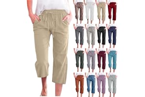 SMIDOW Capri Pants for Women Casual 2025 Summer Drawstring Elastic High Waist Linen Pant Straight Wide Leg Cropped Trouser