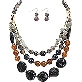 Bocar 3 Layer Statement Chunky Beaded Necklace Set (788) | Strand Beads Fashion Costume Jewelry Necklace Earrings Set for Women Gifts