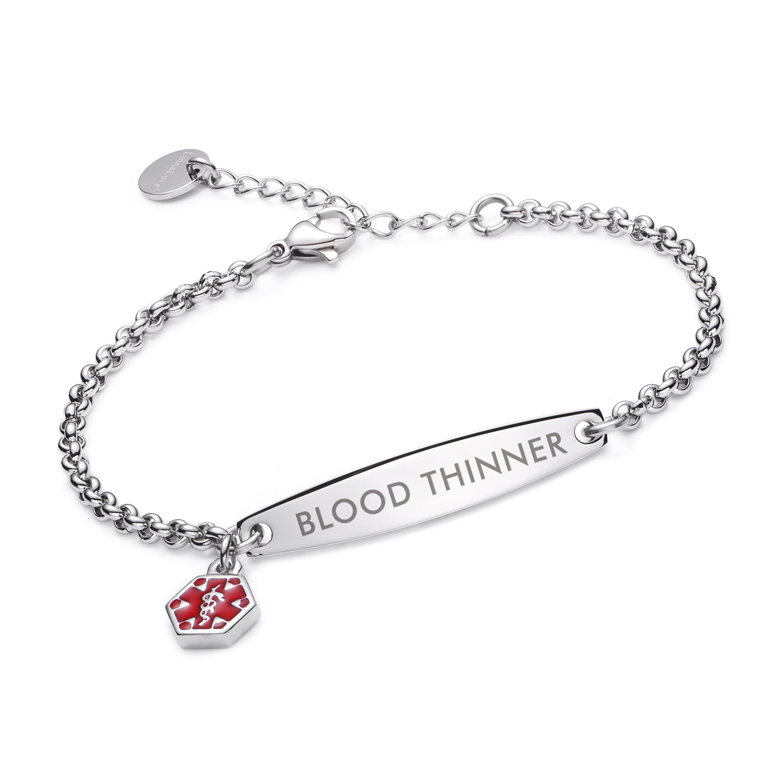 LinnaLove Medical alert bracelets for Women stainless steel Simple Rolo chain medical id bracelets with free engraving 6.5-8 inches adjusted-silver-blood thinner — image 1
