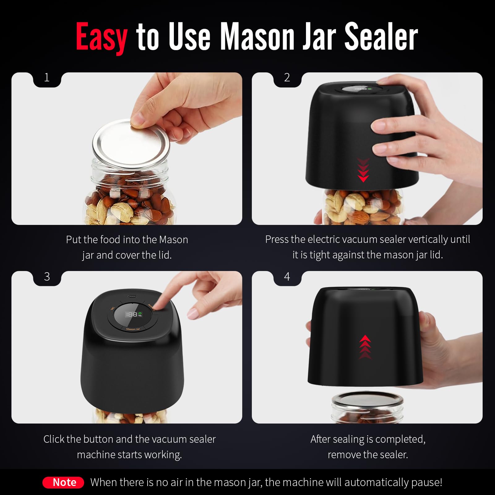 Mason Jar Vacuum Sealer - 3 in 1 Automatic Vacuum & Wine Saver with Food Pump for Canning Jars - Wide & Regular Mouth Mason Lids